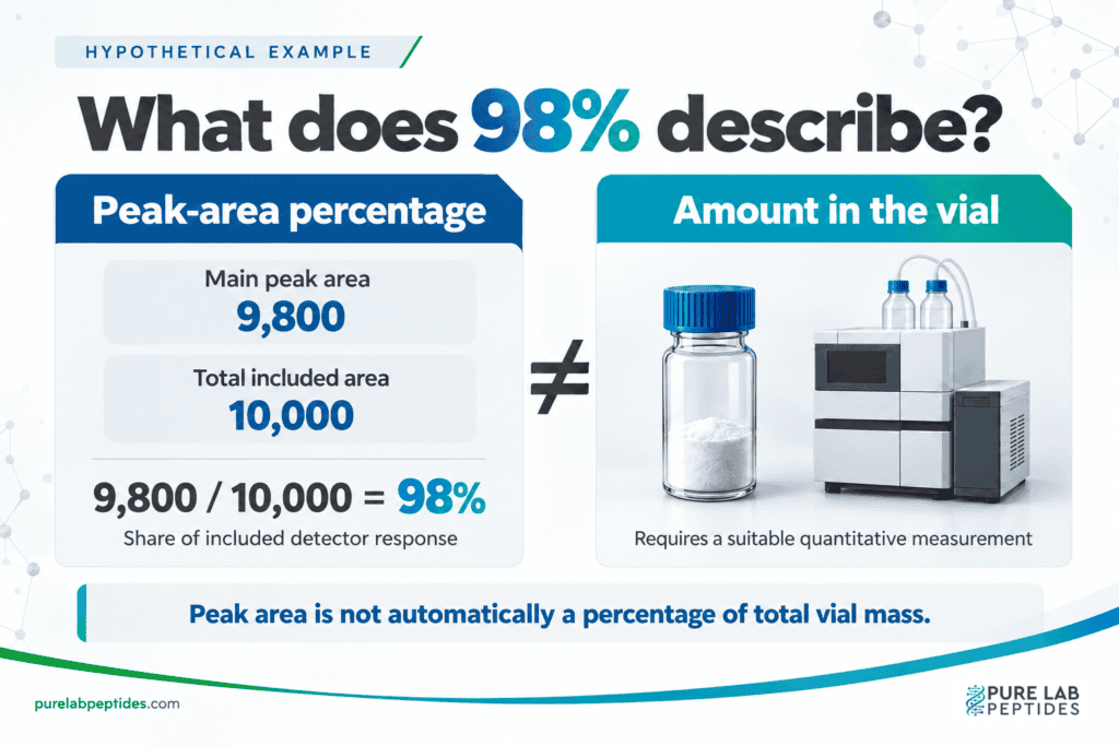 A hypothetical 9,800 out of 10,000 peak-area calculation gives 98%; this does not automatically state the mass of peptide in a vial.